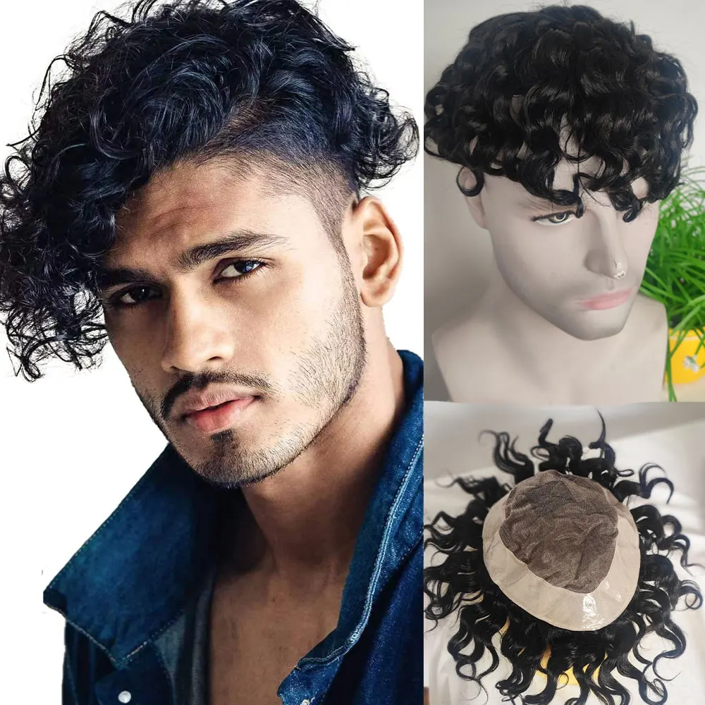 

Deep Curly Fine Mono Human Hair Mens Toupee Hairpiece Replacement System for Men Curly 7x9inch 1B Black Color
