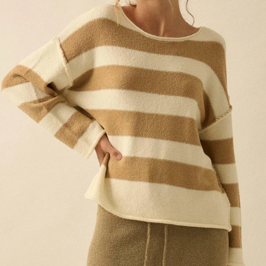 سترات نسائية كلاسيكية للخريف والشتاء بأكمام طويلة ورقبة مستديرة مخططة ملابس تريكو مرقعة ملابس بديلة #4