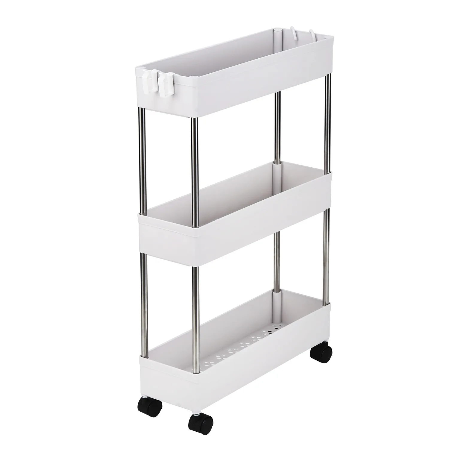 3-Layer Ultra-thin, Mobile Multi-Functional Slim Storage Cart,Laundry Room Narrow Place, Plastic and Stainless Steel, White