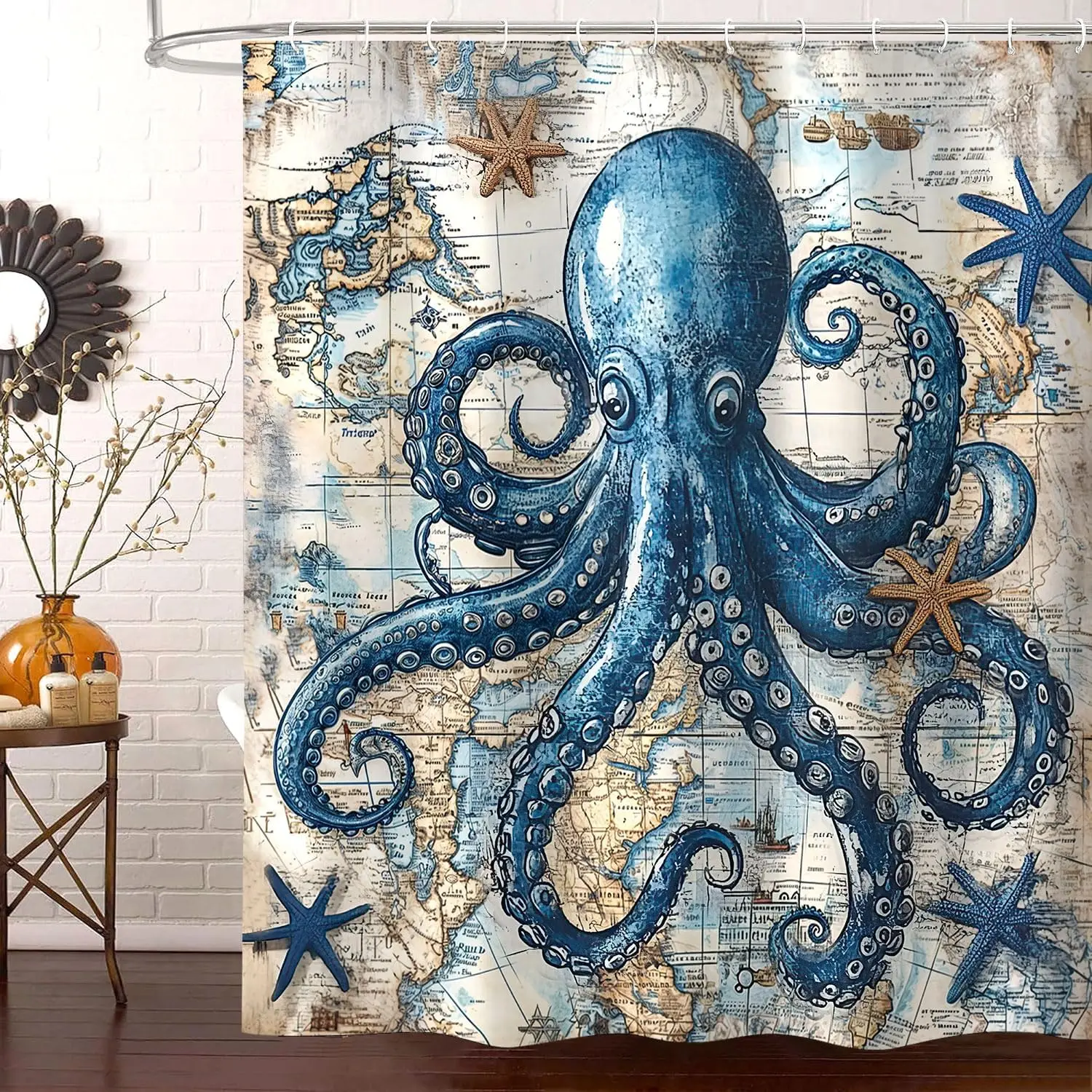 Vintage World Map Octopus Shower Curtain Nautical Ocean Decor  Bathroom Sea Life Art Print Tropical Deep Sea Explorer 180x180cm