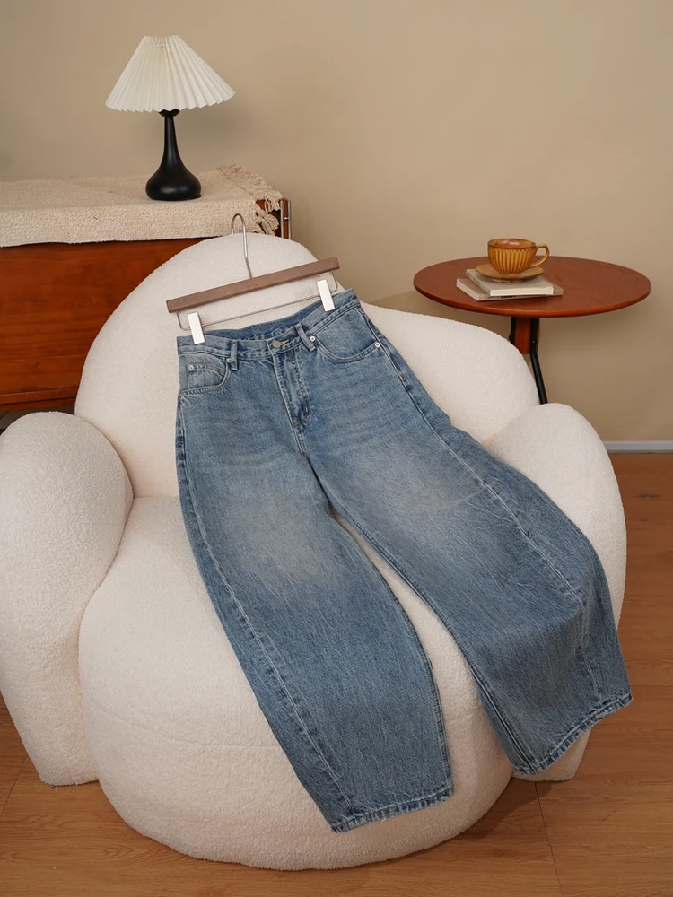 

Retro High Waist Loose Fit Blue Waed Cotton Straight Leg Jeans with Rhinestone Design Versatile Casual High Waist Denim