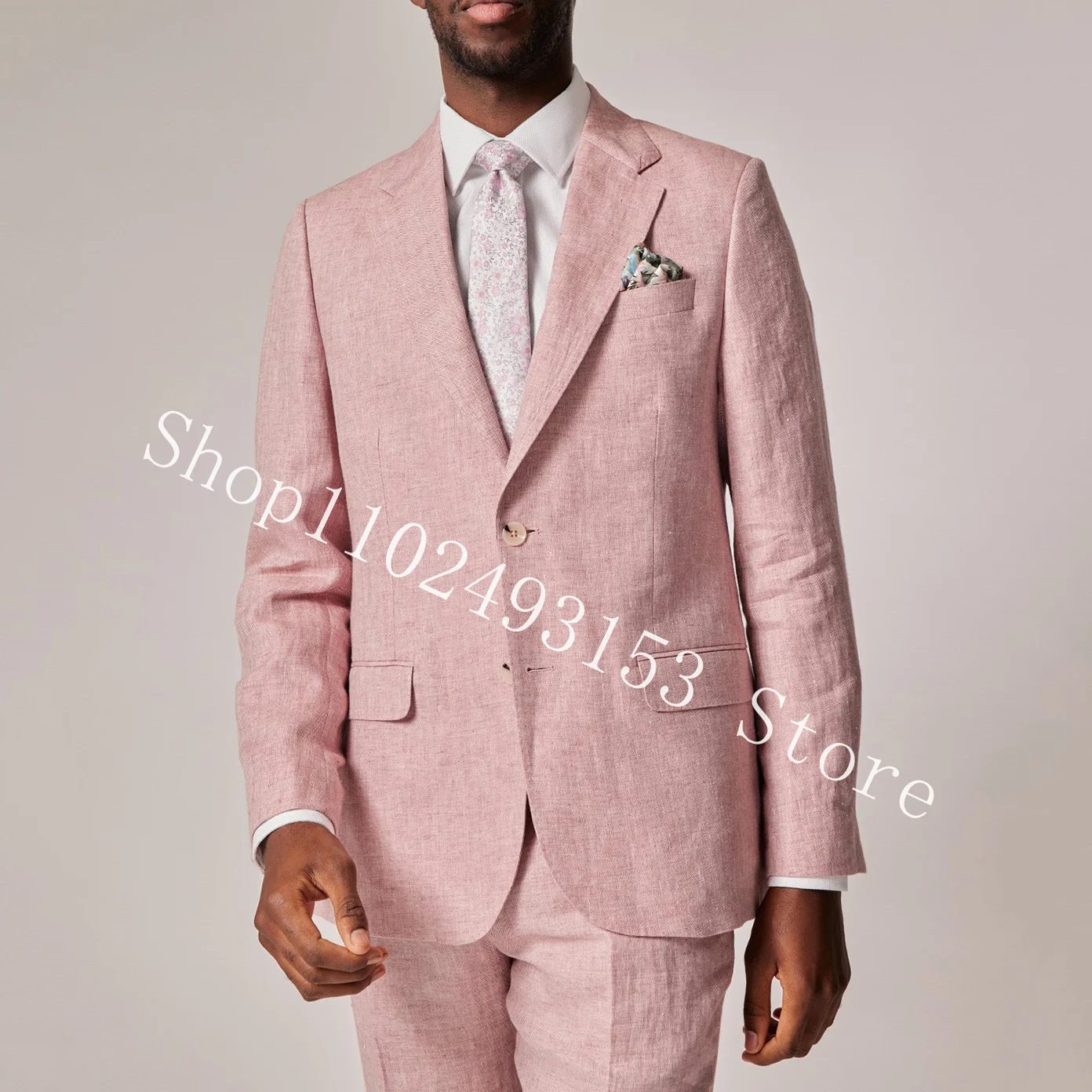 

Pink Linen Suits For Men Notched Lapel Two Buttons 2 Pieces Casual Groom Wear Wedding Tuxedos Blazer Pants Costume Homme Mariage