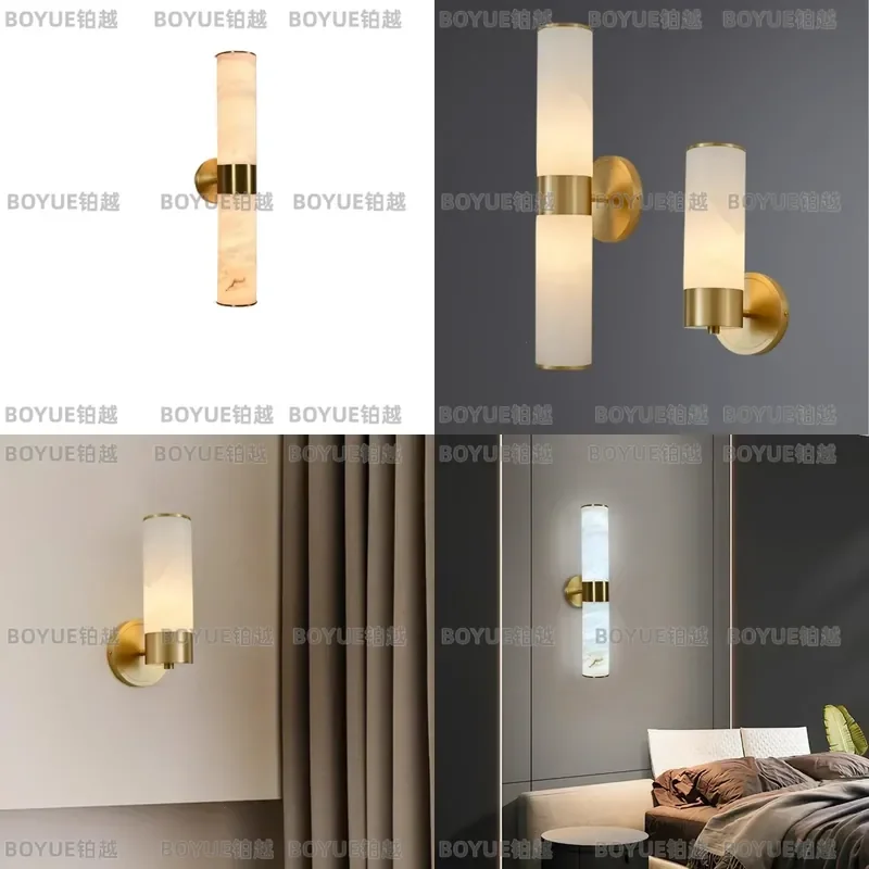 Modern Solid Brass Wall Sconce with Natural Marble Base Luxury Indoor Lighting for Living Room Bedroom Bedside Hotel Corridor