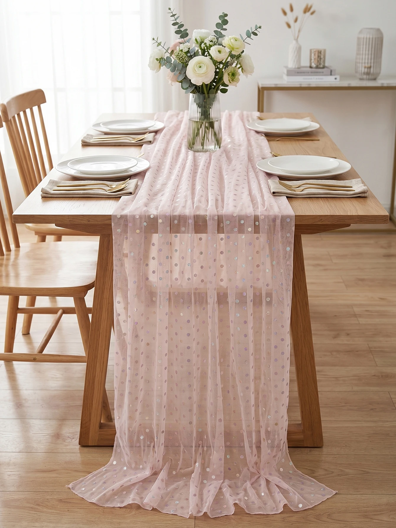 Polyester Fabric, Polka Dots Heat-Pressed Transparent Net Fabric Table Runner, Baby Parties, Festivals, Wedding,Table Decoration