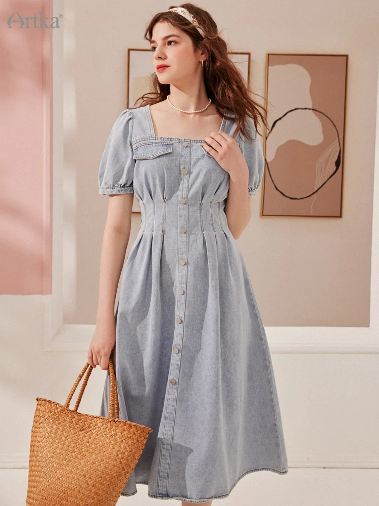 ARTKA 2022 Summer New Women Dress French Vintage Square Collar Denim Dresses High Waist Short Puff Sleeve Midi Dress LN29022X