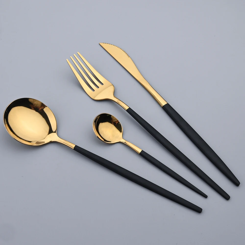 Black and Gold Stainless Steel Cutlery Set 30 Pcs. Mnirror Dinnerware Set