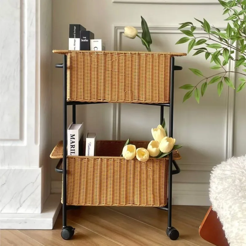 

MOMO Living Room High-value Storage Rack Snack Cart Movable Bookshelf Bathroom Floor Storage Rack Imitation Rattan Weaving