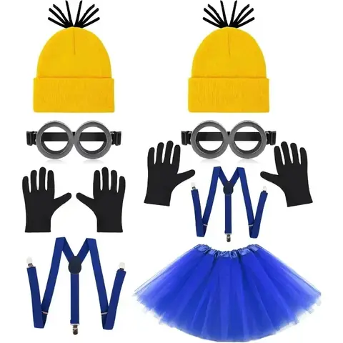 Lustiges Minions-Kostüm für Erwachsene, Kostüm, Punk-Brille und Hut, Outfit, Cosplay-Zubehör für Kostümparty, Disfraz-Kostüm