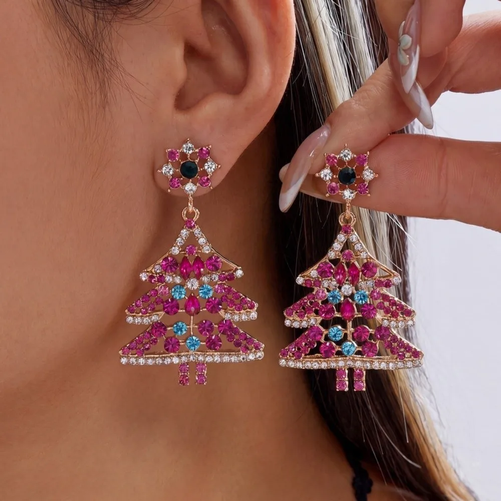 Colorful Christmas Tree Earrings Crystal Shiny Finish Rhinestone Drop Ear Lightweight Gold Plated Crystal Xmas Studs Gift Buyers