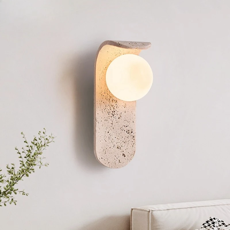 Cream Wind Advanced Glass Ball Yellow Travertine Bedside Wall Lamps LED Bedroom Living Room Staircase Retro Homestay Wall Lights