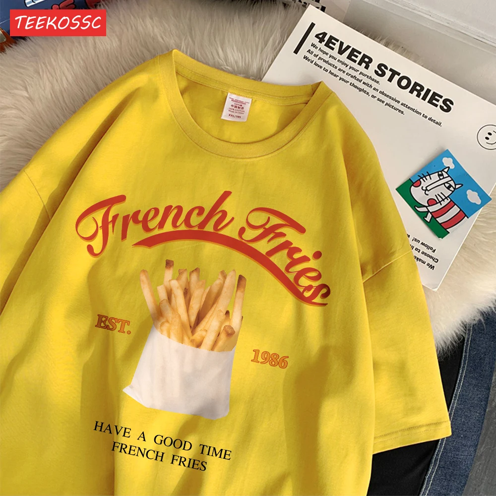 Fashion Cotton Woman T-Shirts Have A Good Time French Fries Printed Streetwear Breathable O-Neck Loose Street Female Clothes