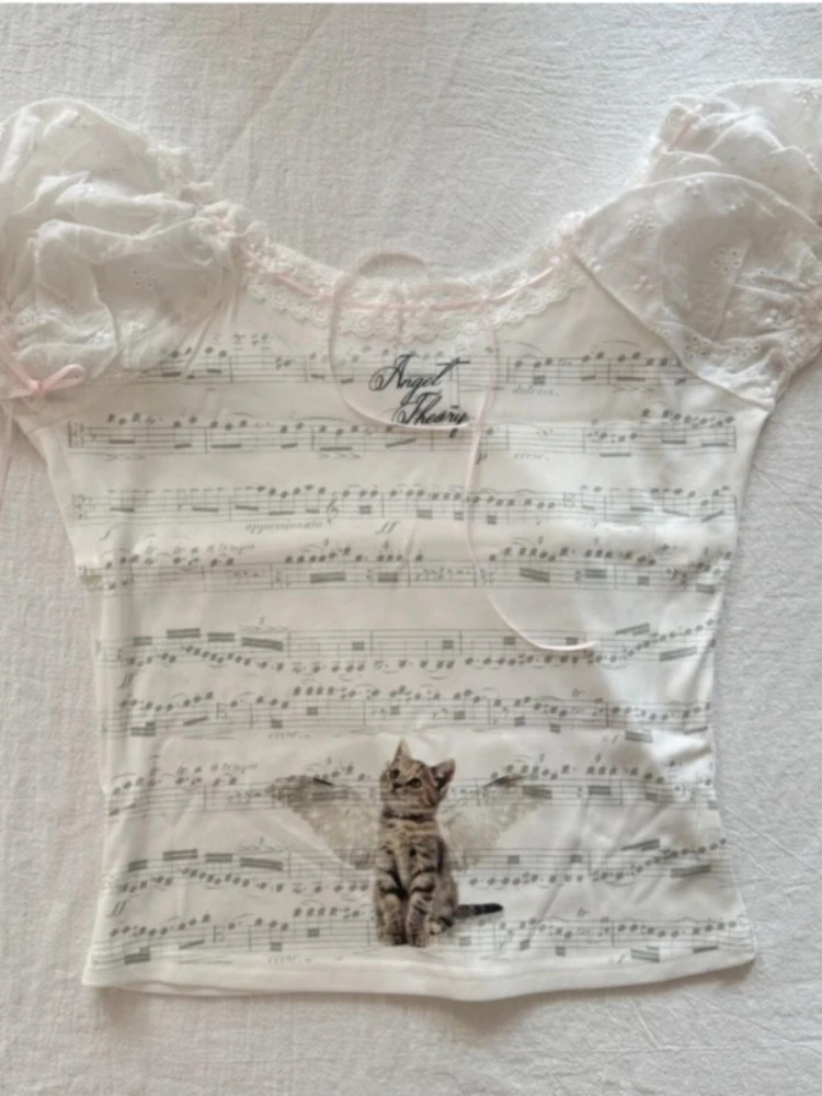 Americano retro y2k menina quente t camisa feminina doce bonito fino ajuste manga bolha recortado topos verão casual harajuku moda t novo