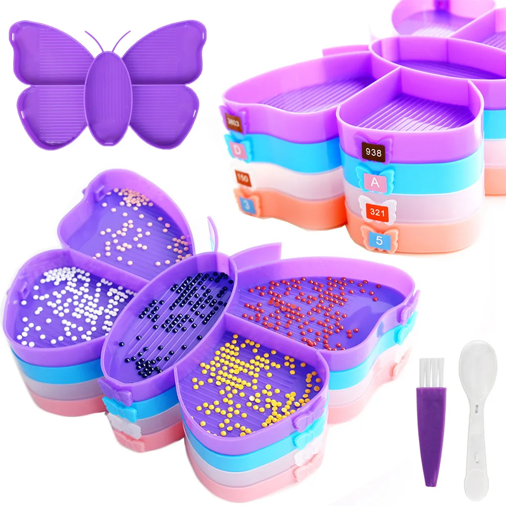 Diamond Painting Butterfly Tray Set, Cute Multi-Section Drill Organizer, Spoon, and Brush for Diamond Art and DIY Crafted