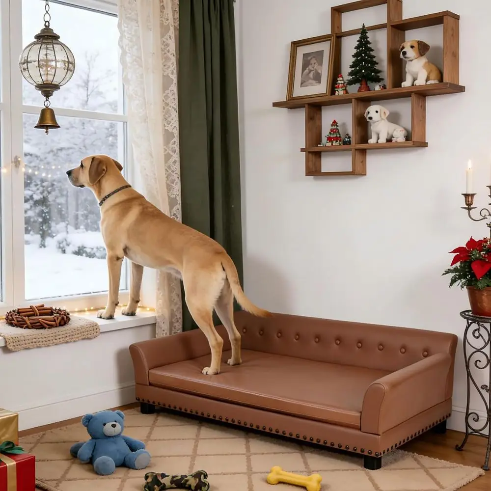 

Durable Microfiber Leather Dog Couch - Elevated Lounge Bed for Large Breeds up to 120lbs