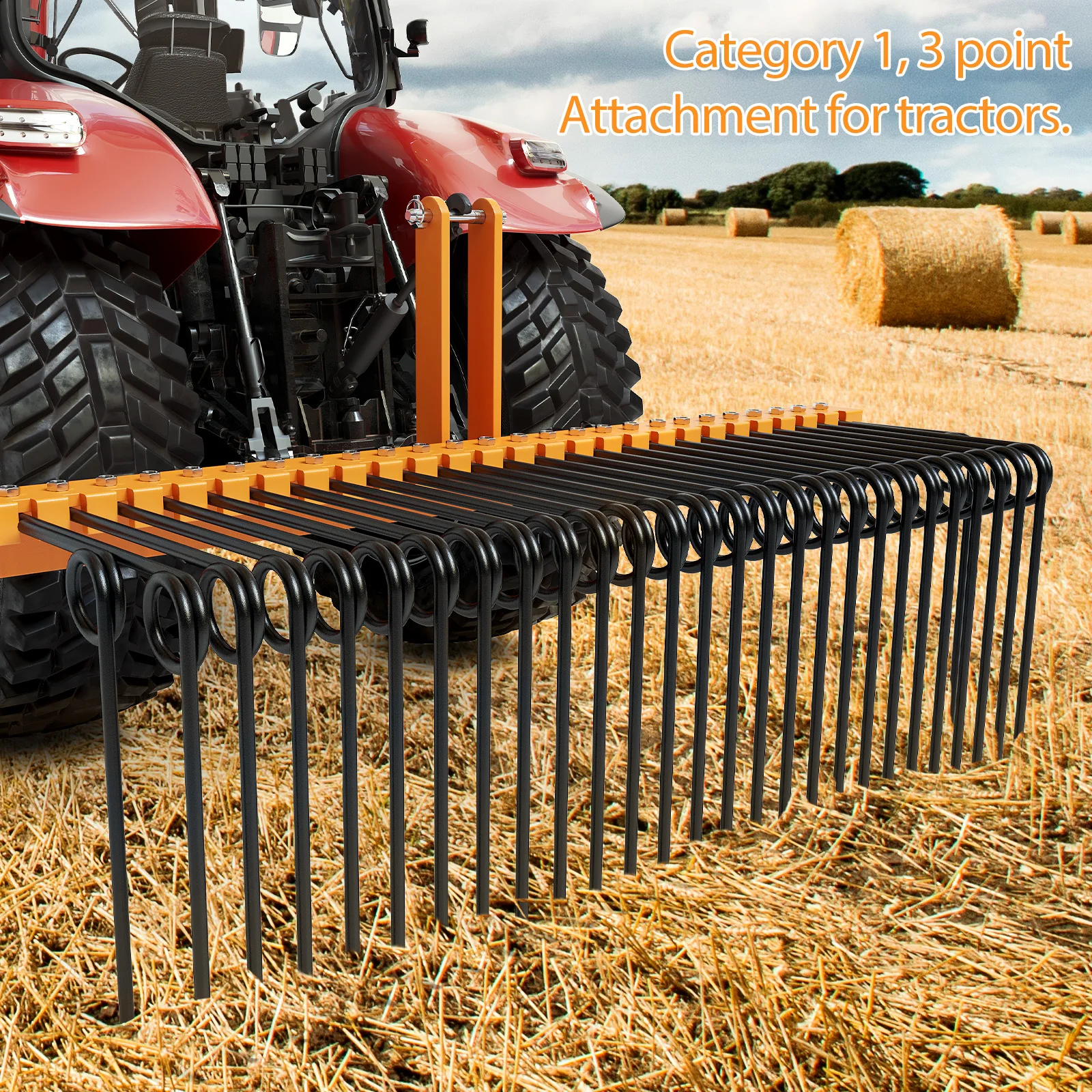 60inch 72inch Pine Straw Needle Rake,3 Point Straw Rake,Durable Steel Spring Landscape Rake Fit For Cat0,Cat1,Cat3 Tractors