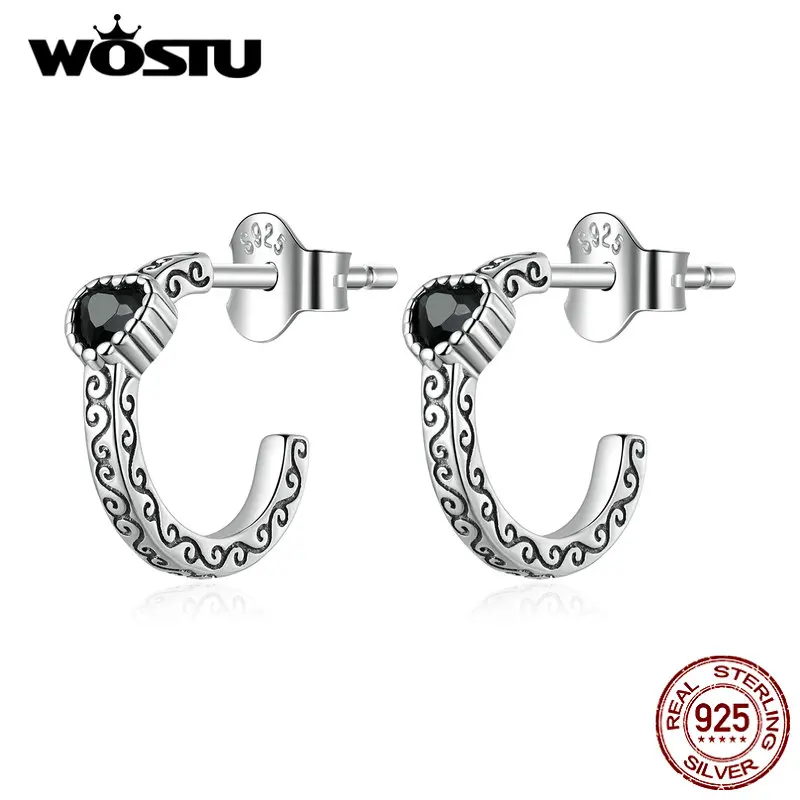 WOSTU – boucles d'oreilles Vintage en forme de cœur pour femmes, en argent Sterling 100%, Zircon noir, fleur rétro, cadeau de mariage, 925