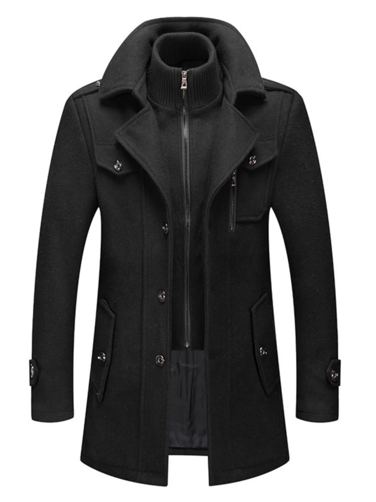 

Men's Busin Woolen Coat Faion Casual Winter Overcoat Polyester Fiber 70% Wool 30% Long Sve Double Layer Collar