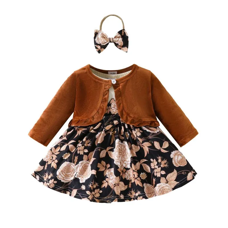 

Toddler Baby Girl Clothes Vest Skirt 3Pcs Sets Vintage Long Sleeve Jacket Printed Dresses with Hairband Infant Outfits 1-3 Years