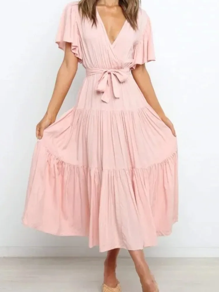 อินเทรนด์สีทึบRufflesชุดยาวผู้หญิงเซ็กซี่VคอRuffleแขนLeace-Up Temperament Elegant Ladyชุด 2025 ฤดูร้อนใหม่