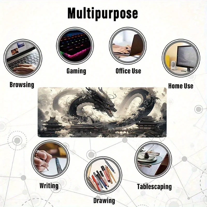 XXL Anime Vintage Black Dragon Large Mouse Pad Non-Slip Stitched Edge Desk Mat for Computer PC Gaming Home Office Gift for Gamer