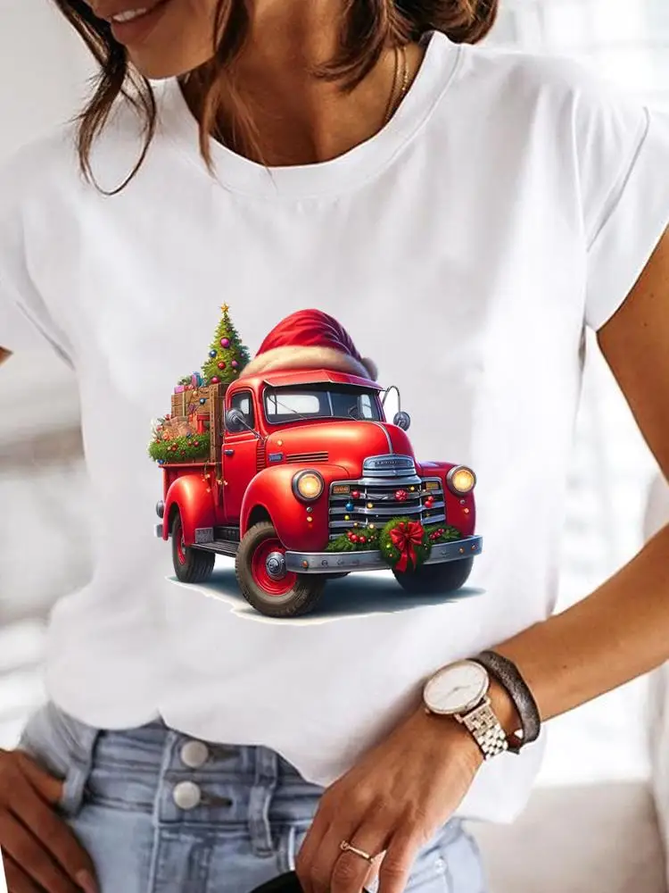 Truck Trend Cute Women Fashion Tee New Year Holiday Clothing Print Merry Christmas Short Sleeve T Female Graphic T-shirts