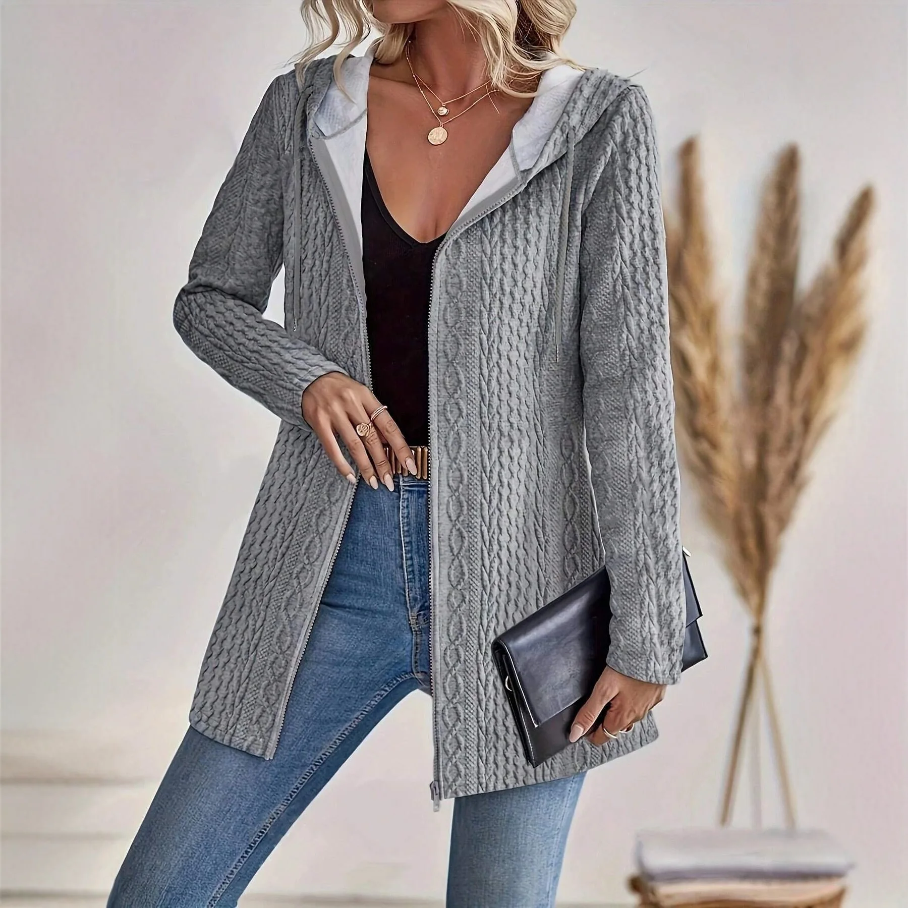 

Новое осенне-зимнее универсальное однотонное пальто, женское пальто на молнии для офиса и поездок на работу, вязаный кардиган с длинными рукавами, куртка Chamarra