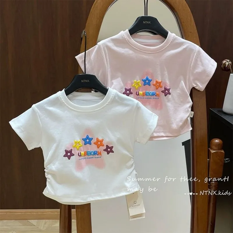 Girls' Summer Short sleeved T-shirt 2024 New Children's Baby Fashionable Girl's Waist Wrapped Half sleeved Top