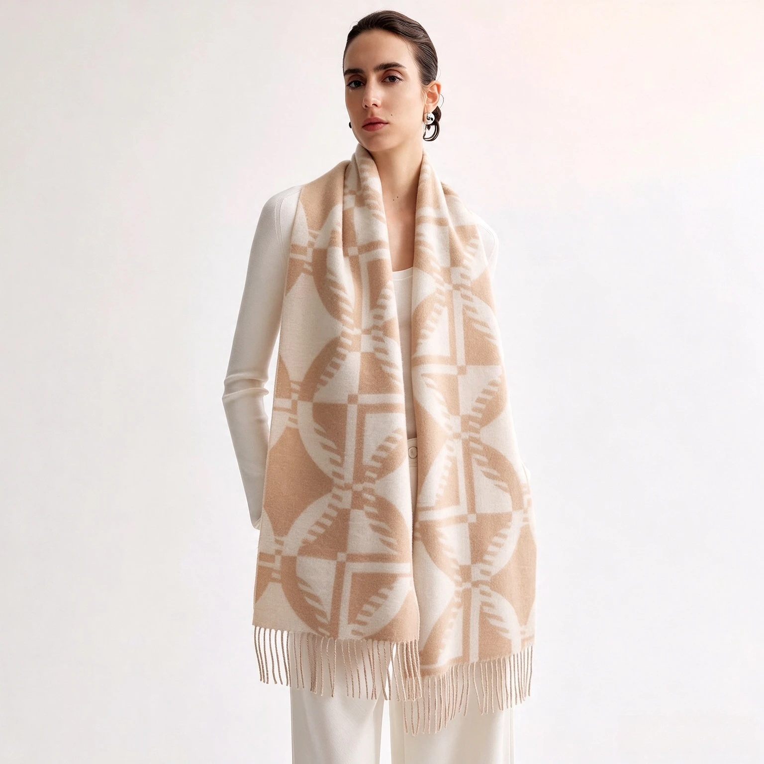 New Geometric Pattern 100% Wool Scarf for Women, Camel Cream Tassel Shawl Wrap with Luxury Gift Box, Winter Warm Neck Scarf