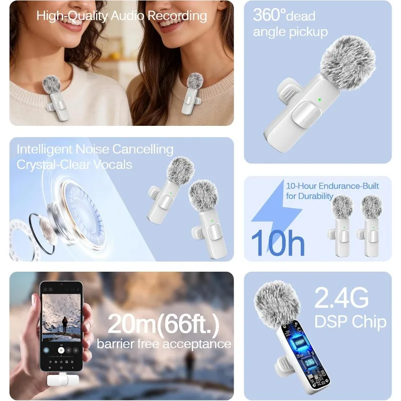 Micrófono inalámbrico de solapa para iPhone Android 2.4G Mini con cancelación de ruido para grabación de video y entrevistas
