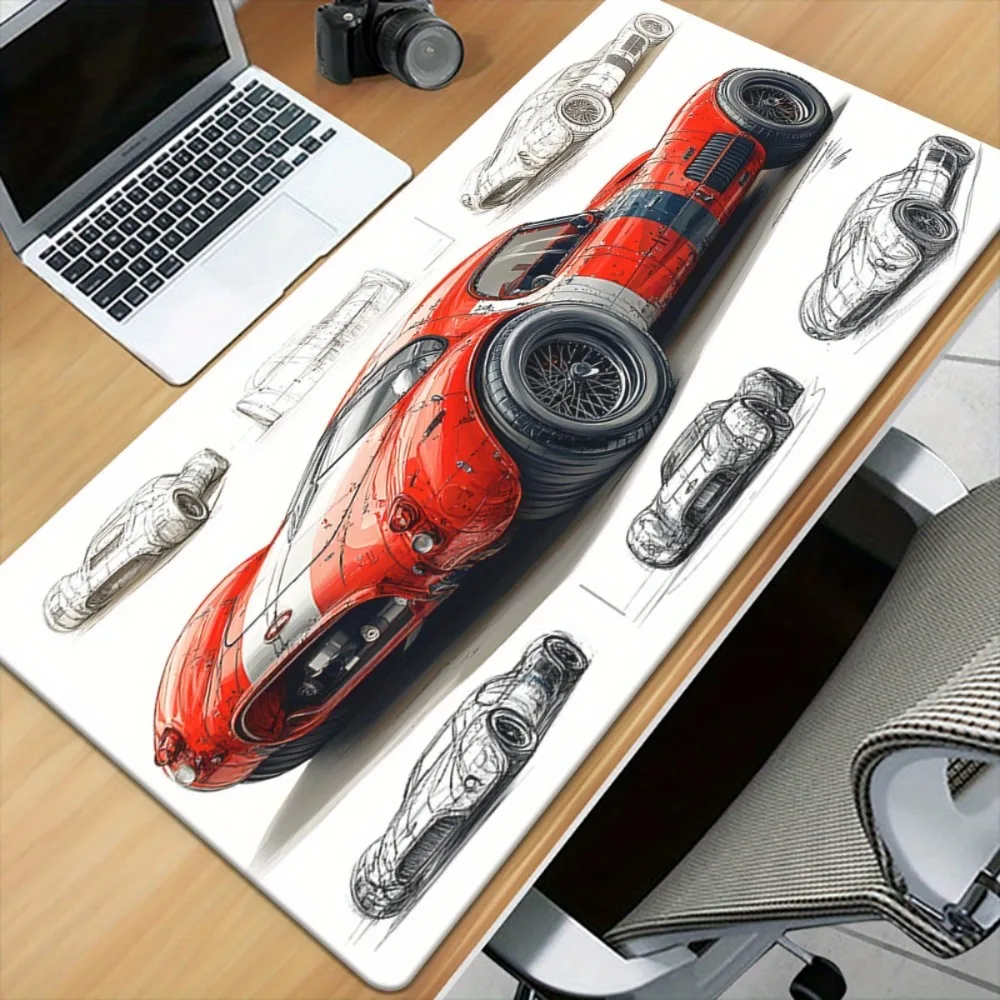 Aesthetic Retro Car Sketch Desk Mat, Extra Large Red Sports Car Mouse Pad, Non-Slip Waterproof Keyboard Mat for Desk Decor