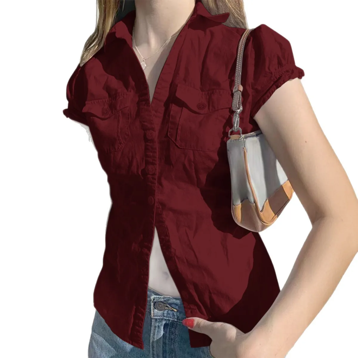 

Women's Button-down Short-sleeved T-shirt Cardigan Shirt Women's T-Shirt Clothes Woman Clothing Top Women Basic All-Match Tops