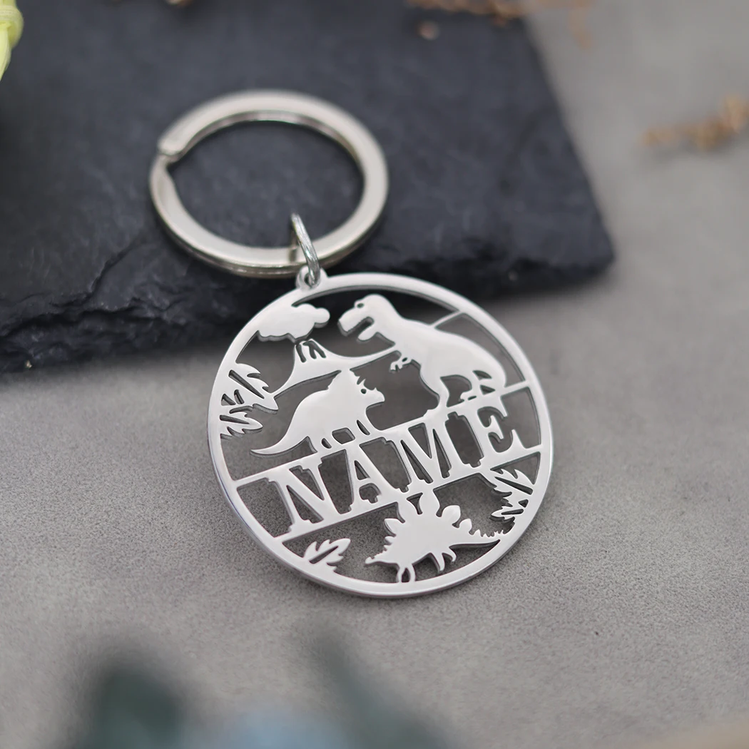 Chaveiro de dinossauro com nome personalizado em aço inoxidável, para mulheres e homens, joias de prata personalizadas, chaveiro vintage, presentes