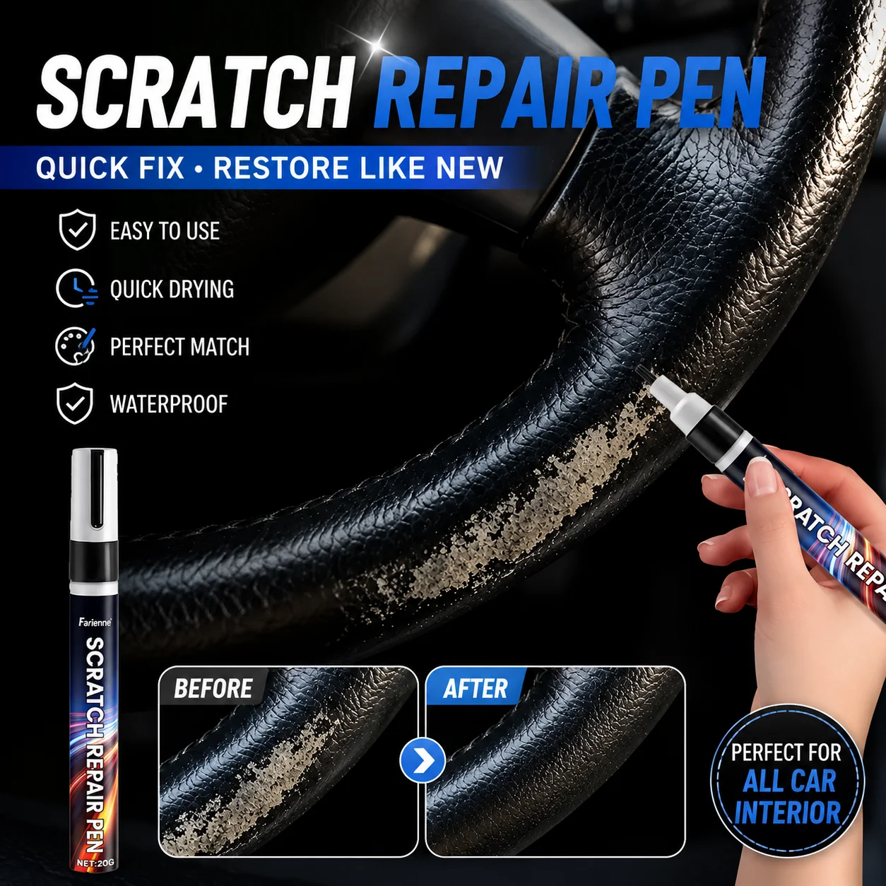 Car Interior Scratch Repair Pen Auto Leather Seat Steering Wheel Dashboard Plastic Parts Touch Up Paint Pen Black Refurbish Agen