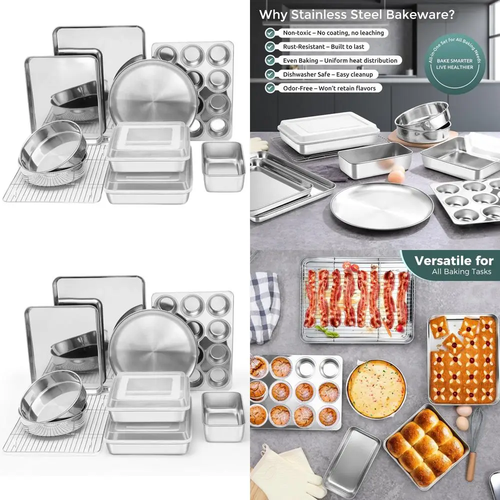 

Stainless Steel 12-Piece Bakeware Set: Cookie Sheet, Cake Pans with Lids, Multipurpose for Baking, Dishwasher Safe