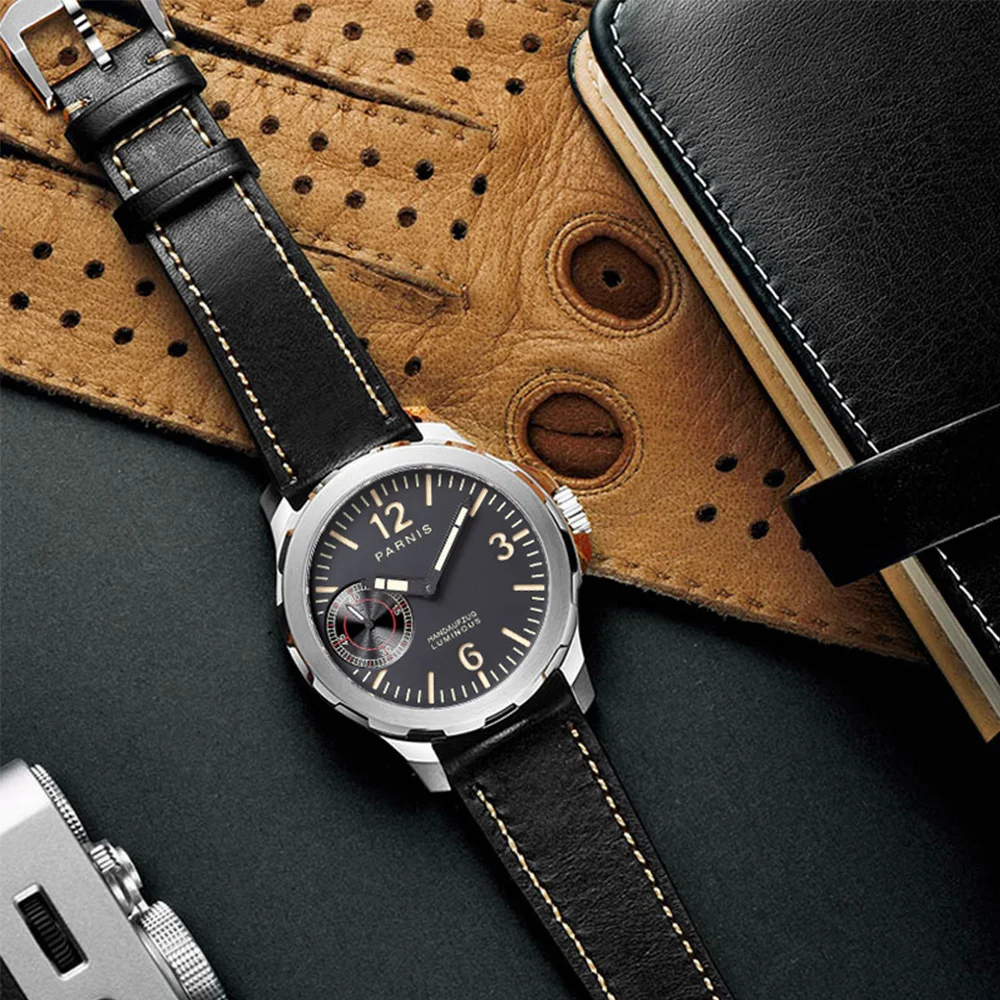 Мужские повседневные часы Parnis с сапфировым стеклом и ручным заводом, 44 мм, маленький секундный циферблат