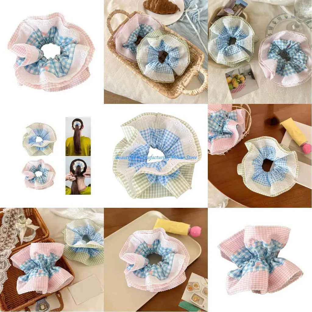 

E56A Checked Hair Scrunchy Updos Hair Tie Lace Hairband Elegant Casual Wear Hairrope