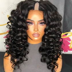 Natural Black Water Wave Curly 1X4 V Part Wig Preplucked U Part Human Hair Wigs for Women 200% Density Remy Hair