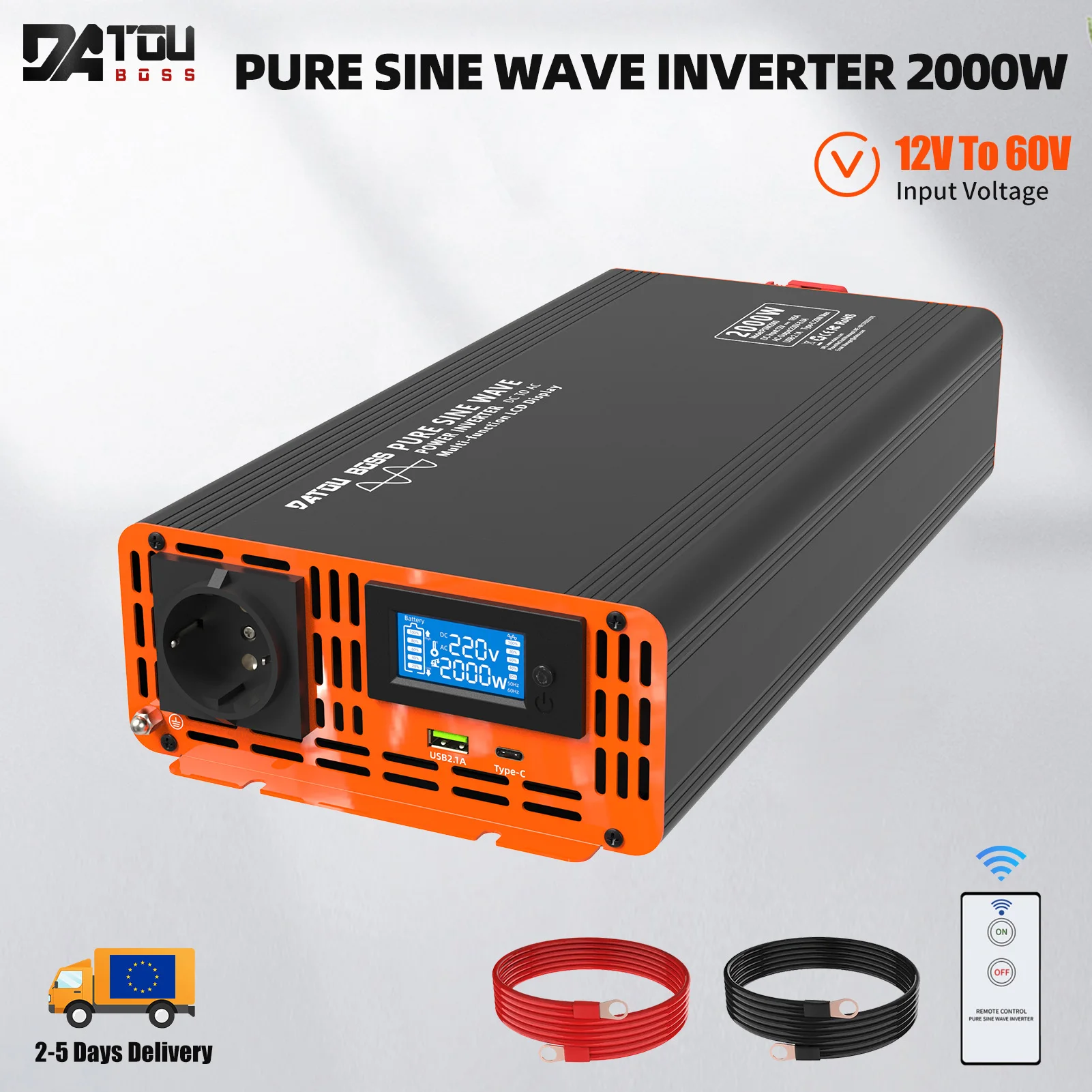 DATOUBOSS PSW-2000 Pure Sine Wave Inverter DC12V to DC 72V To AC220V Portable Car Inverter 2000W Power Supply Voltage Converter