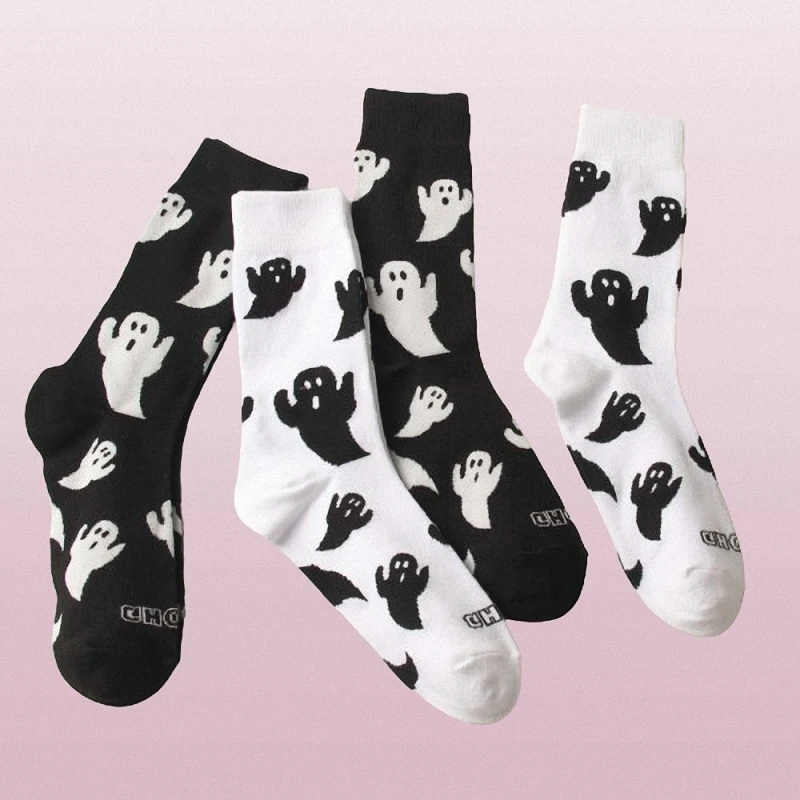 

2/6 Pairs High Quality Socks For Women Mid-tube Socks Cute Cartoon Black And White Ghost Pattern Halloween Series Long Socks