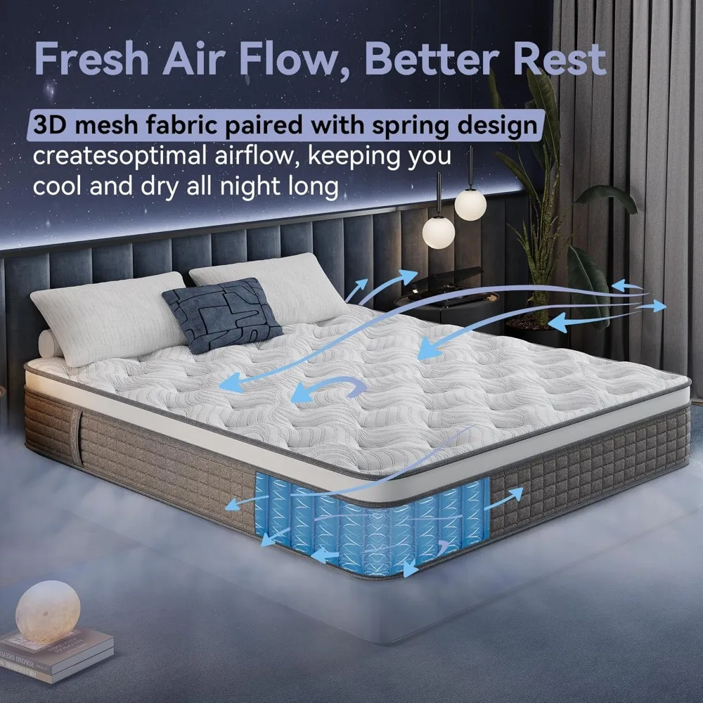 Colchão Queen híbrido em uma caixa, colchão Queen Size de firmeza média com espuma viscoelástica e molas de bolso individualmente para movimento