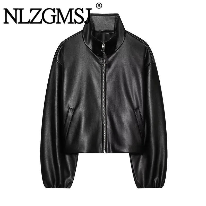 NLZGMSJ 2026 Autumn Vintage Faux Leather Casual Chic Solid Bomber Jackets Stand Neck Long Sleeve Coats New Fashion Outwears