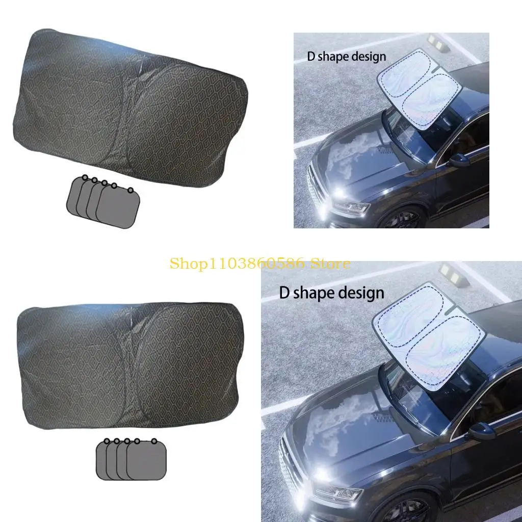 242A Diamonds Grids Reflective Car Windshield Sunshade Side Panels Heat Reduction With 4 Side Window Shades For Full Coverage