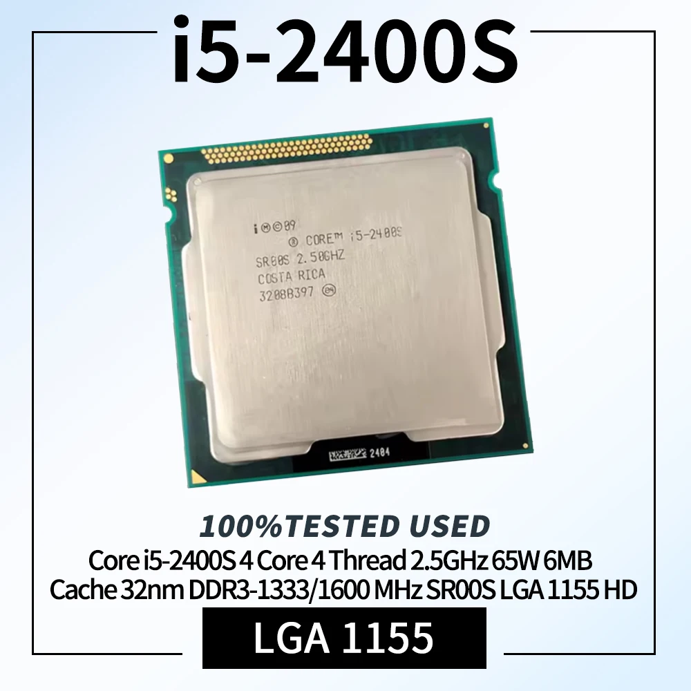 Core i5-2400S 4 cœurs 4 threads 2,5 GHz 65 W 6 Mo de cache 32 nm Sandy Bridge DDR3-1333/1600 MHz SR00S LGA 1155 HD Graphics 2000