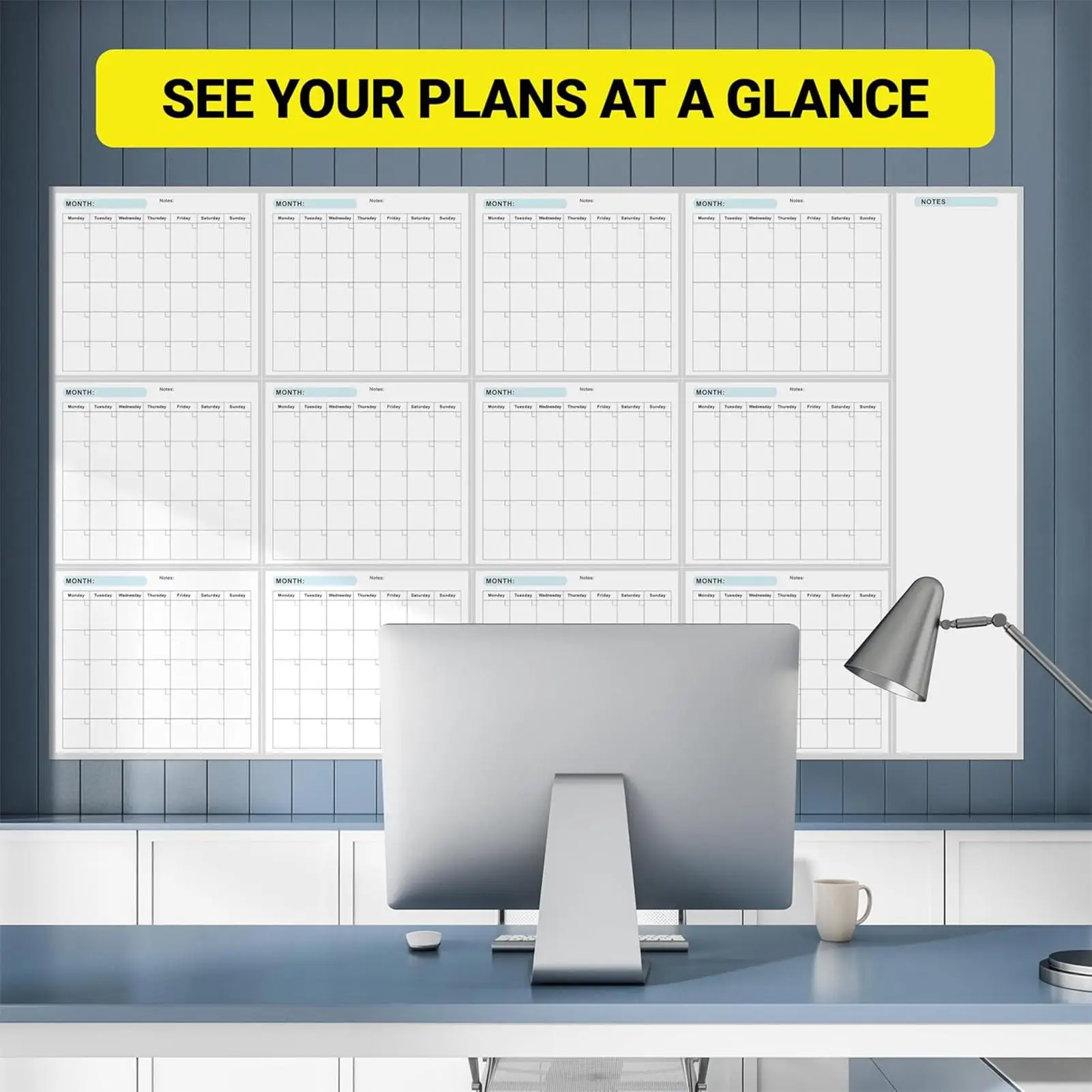 Grand calendrier mural effaçable à sec – Planificateur de tableau blanc non daté pour l'année, organisateur de calendrier mensuel pour la maison, le bureau, le mur de la salle de classe