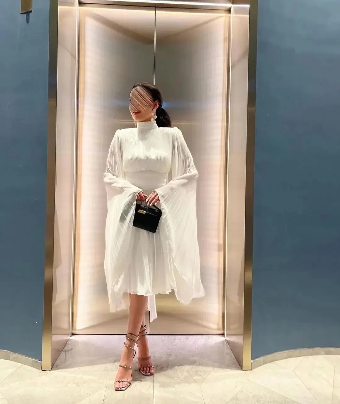 

Long Sleeves High Neck White Chiffon Prom Dresses Pleated Tea Length Party Dresses Formal Occasion Evening Gowns