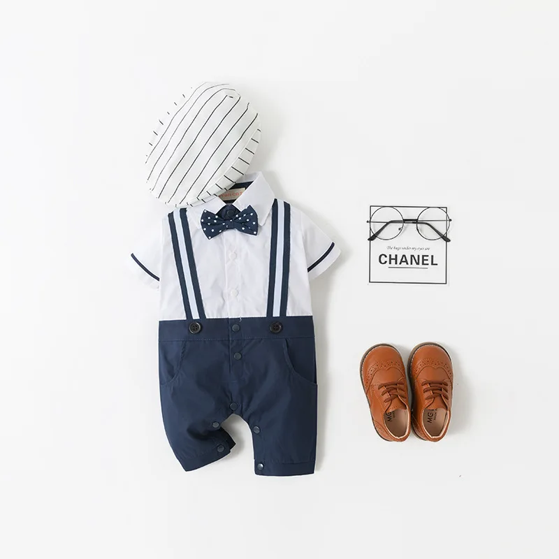 

Baby Boys Summer Formal Short Sleeve Romper Jumpsuit with Hat 2Pcs Set Suspender Bodysuit Infant Toddler Crew Neck Onesie Outfit