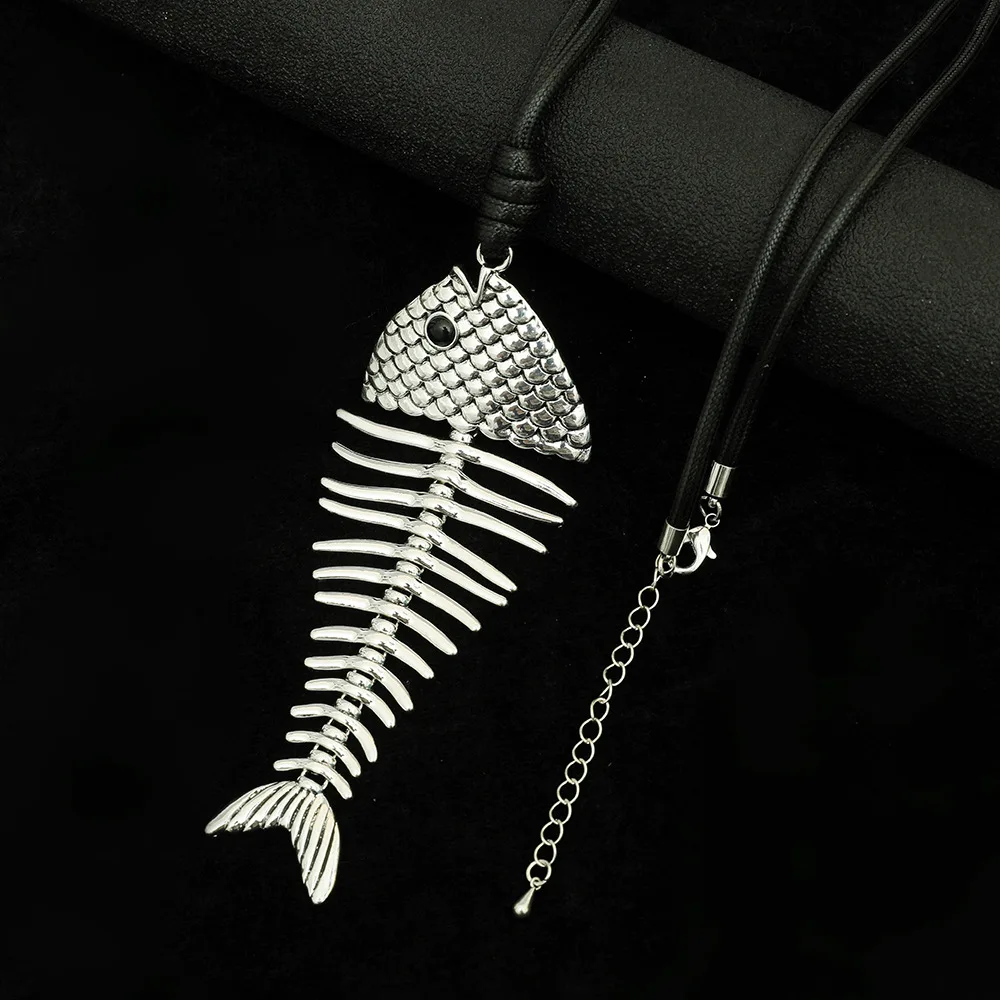 Fishbone Skeleton Pendant Necklace Vintage Carved Articulated Animal Dangle Statement Collar Jewelry Gift For Girlfriend