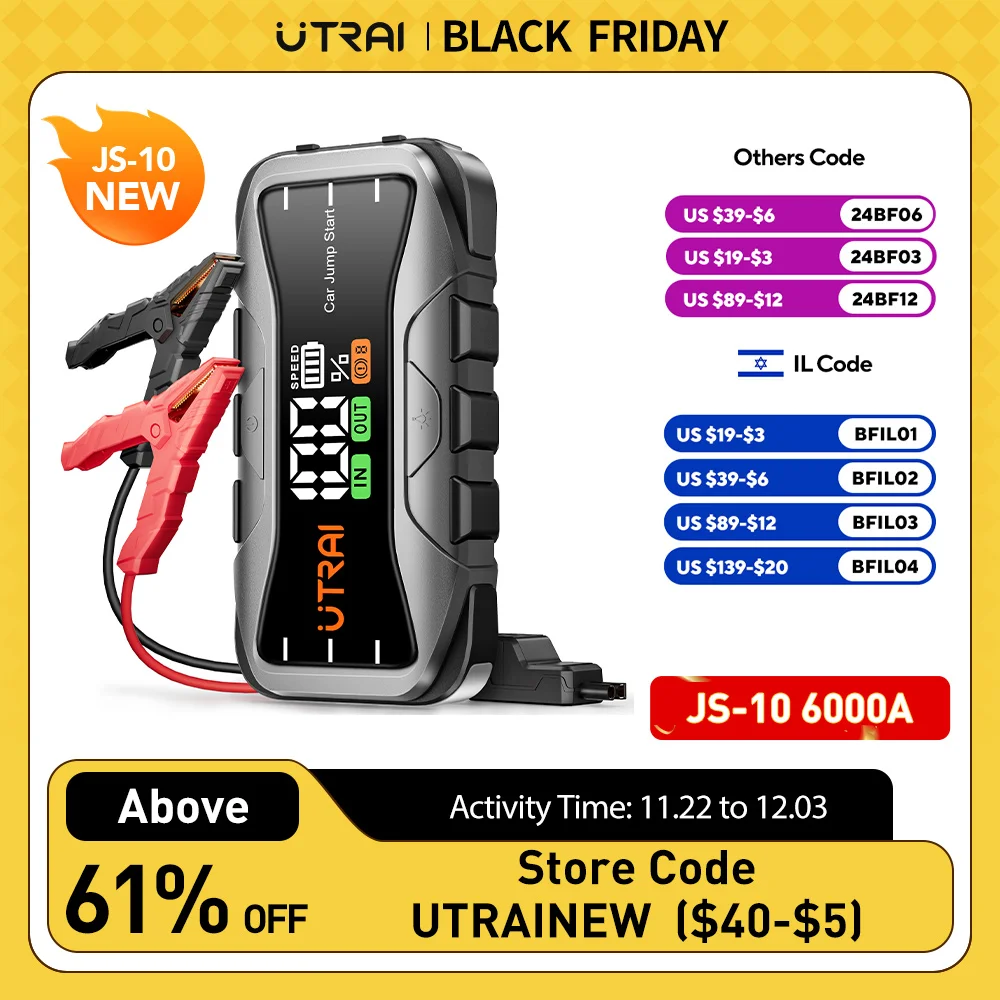 UTRAI  27000mAh Car Jump Starter Power Bank 6000A Car Booster Auto Emergency Starting Device Jump Start for Petrol Diesel