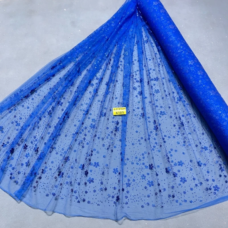 

10 Yards Royal Blue Fadhion Patterned Wedding Dress Fabric with Mesh Gold Spray Lace 150cm Wedding Party Spray gold Tull fabric