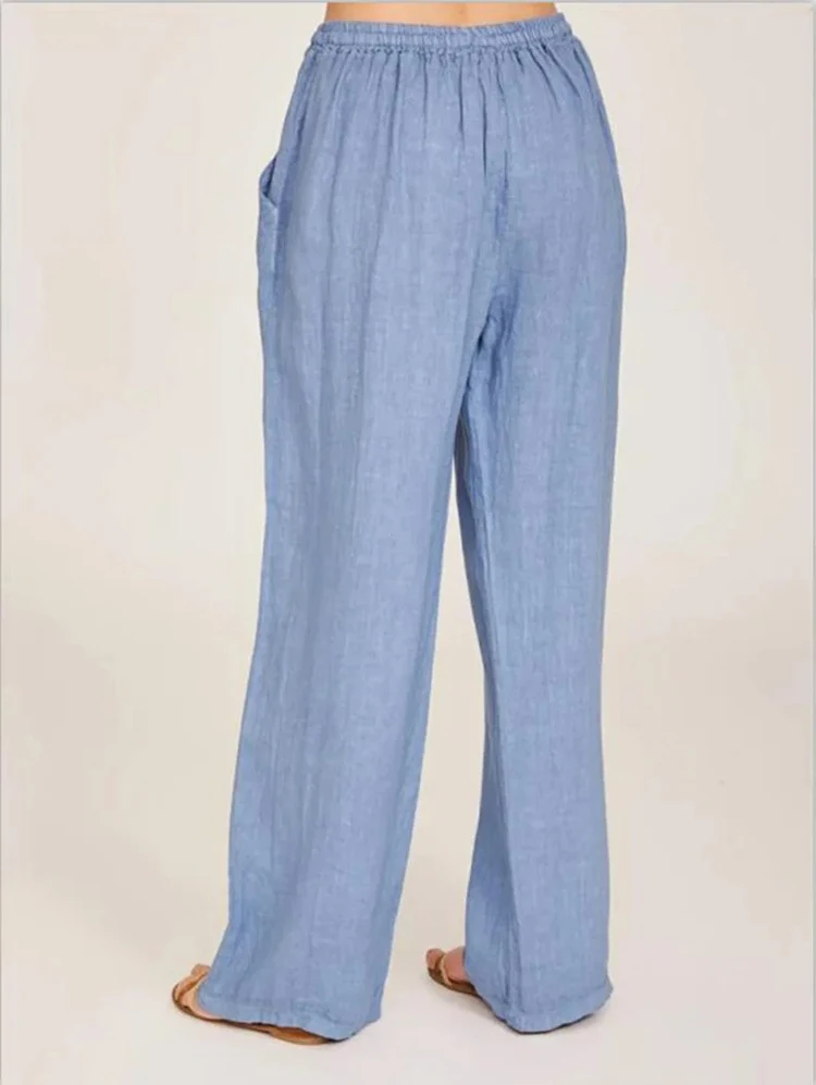 Damenhosen aus 100% Baumwolle für Sommer und Herbst, einfarbige, hochtaillierte, gerade geschnittene Hosen, lockere, atmungsaktive Freizeithosen aus Hanf für Damen, Sport-Hosen. – Detail 12